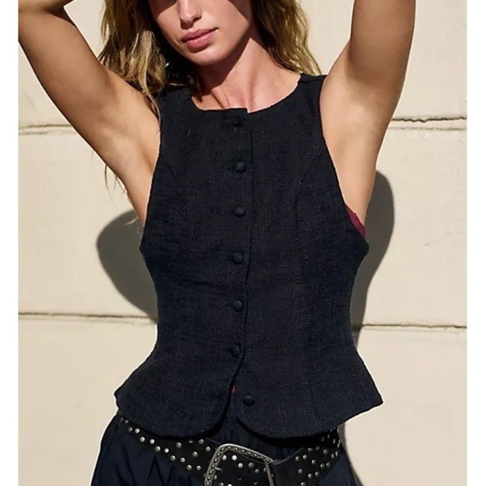 NWT FREE PEOPLE Black Madrid Button Top Vest Ribbon Cinch Cotton Casual Sz Small